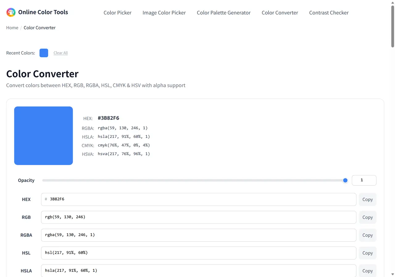 The Color Converter with 3B82F6 entered: the blue swatch, its RGBA, HSLA, CMYK and HSVA summary, an opacity slider, and one input field per format with a copy button beside each.